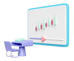 aprender sobre ações conectados com tábua, gráficos, gráfico, estude escrivaninha isolado. e-learning conceito, 3d ilustração render png