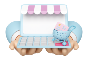 online shopping with hand holding laptop computer monitor, store front, credit card shopping carts or basket isolated. 3d illustration render png