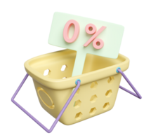 yellow basket with discount label isolated. purchase target, shopping marketing promotion bonuses concept, 3d illustration render png