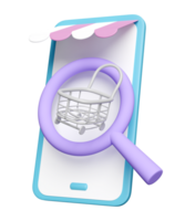 3d mobiel telefoon, smartphone met op te slaan voorkant, boodschappen doen karren, vergroten glas geïsoleerd. web zoeken motor of web browsen, online boodschappen doen concept, 3d geven illustratie png