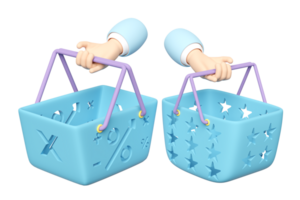 two hand holding shopping carts, basket isolated. 3d render illustration png