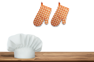 Wooden table with empty space and chef's hat and gloves PNG transparent