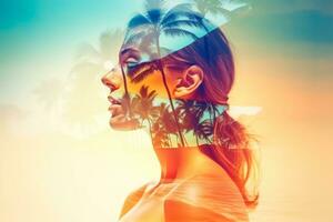 Summer Themed Double Exposure Bikini Portrait Generative AI photo