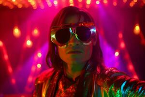 a man with long hair wearing sunglasses in front of colorful lights generative AI photo