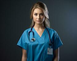 a beautiful young woman in blue scrubs and a stethoscope generative ai photo