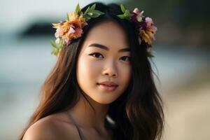 retrato de un asiático mujer en tropical playa generativo ai foto