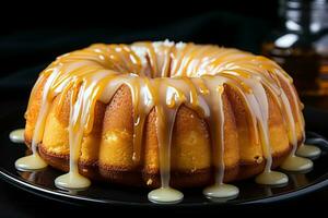 un bundt pastel en un negro plato generativo ai foto