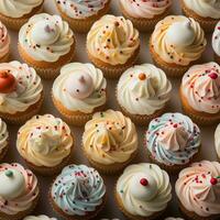 a large number of cupcakes with frosting and sprinkles generative ai photo