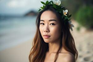 retrato de un asiático mujer en tropical playa generativo ai foto