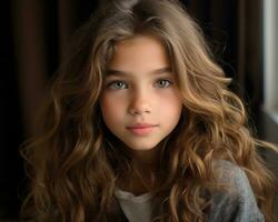 a young girl with long wavy hair and blue eyes generative ai photo