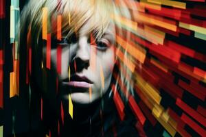 a woman with blonde hair in front of a colorful background generative ai photo