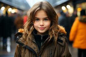 a young girl in a coat standing in a crowded area generative ai photo