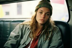 a young woman wearing a beanie sitting in the back seat of a car generative ai photo