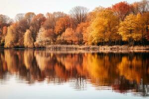 autumn trees reflected in the water of a lake generative ai photo