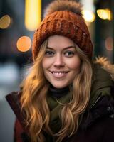 portrait of a smiling young girl in a winter hat in the city generative ai photo