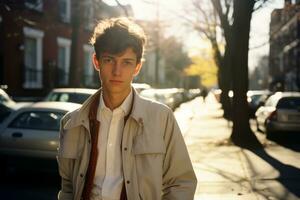 a young man is standing on a city street generative ai photo