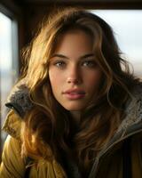 a woman wearing a yellow jacket generative ai photo
