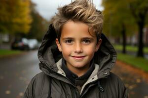 a young boy in a jacket standing on a street generative ai photo