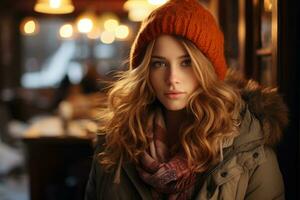 a beautiful young woman in an orange hat and coat generative ai photo