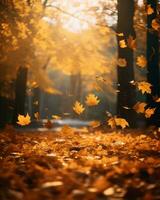 otoño hojas que cae en el suelo en un bosque generativo ai foto