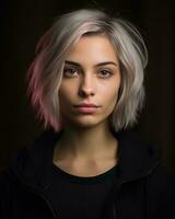 portrait of a beautiful young woman with white hair on dark background generative ai photo