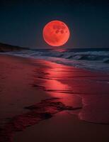 A mysterious beach at night, illuminated by a red moon, with the dark sea stretching out into the horizon. Ultra realistic. Generative AI photo