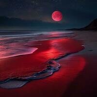 A mysterious beach at night, illuminated by a red moon, with the dark sea stretching out into the horizon. Ultra realistic. Generative AI photo