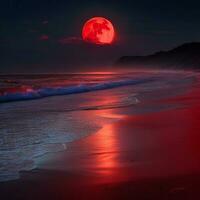 un misterioso playa a noche, iluminado por un rojo luna, con el oscuro mar extensión fuera dentro el horizonte. ultra realista. generativo ai foto