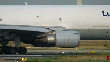 FRANKFURT AM MAIN, GERMANY JULY 19, 2017 - Lufthansa cargo MD 11 D ALCB taxiing, slow motion. Fraport, Frankfurt, Germany video