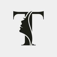 Woman Face Logo On Letter T. Beauty Spa Symbol With Woman Face Icon vector