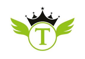 Letter T Transportation Logo With Wing, Shield And Crown Icon. Wing Logo On Shield Symbol vector