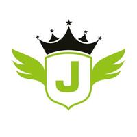 letra j transporte logo con ala, proteger y corona icono. ala logo en proteger símbolo vector