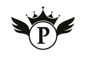 Letter P Transportation Logo With Wing, Shield And Crown Icon. Wing Logo On Shield Symbol vector