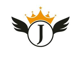 letra j transporte logo con ala, proteger y corona icono. ala logo en proteger símbolo vector