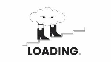 Surreal cloud walking up stairs in boots bw loading animation. Cumulus stepping up outline 2D cartoon concept 4K video loader motion graphic. Dream hallucination animated gif isolated on white