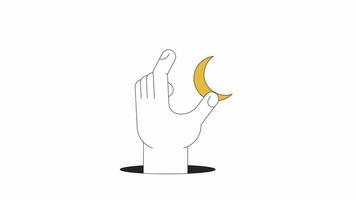 Hanging crescent with hand line 2D concept animation. Esoteric magic astrology flat color cartoon 4K video, alpha channel. Magical fantasy. Holding crescent moon animated object on white background video