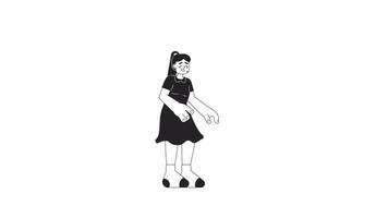 peu fille dans mignonne robe pleurs bw 2d personnage animation. inquiet enfant contour dessin animé 4k vidéo, alpha canaliser. dérangé femelle enfant avec goutte larmes Animé la personne isolé sur blanc Contexte video