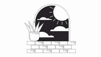 Surreal arch with plant on windowsill bw outline 2D animation. Spinning sun nighttime 4K video motion graphic. Surrealismus clouds monochrome linear animated cartoon flat concept, white background