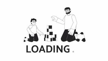 Father son playing black and white loading animation. Toddler boy building blocks with dad outline 2D cartoon characters 4K video loader motion graphic. Man playing with kid waiting animated gif