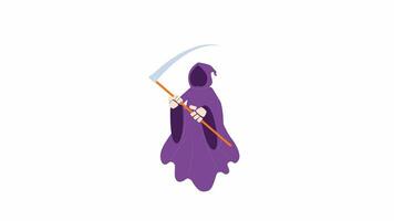 Grim reaper holding scythe cartoon animation. Floating Halloween death 4K video motion graphic. Hooded monster flying. Spirit Helloween cosplay 2D color animated character isolated on white background