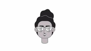 Black woman sunglasses smiling 2D avatar icon animation. Outline cartoon 4K video, alpha channel. Summer girl with palms sunglasses animated person facial expression isolated on white background video