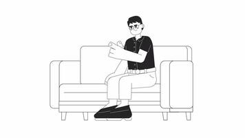 Irritated asian man wagging finger bw 2D character animation. Annoyed parent scolding outline cartoon 4K video, alpha channel. Frowning man sitting on sofa animated person isolated on white background video