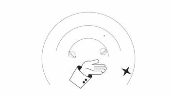 Hand präsentieren Solar- System Planeten bw Gliederung 2d Animation. Raum Erkundung 4k Video Bewegung Grafik. Planetarium. lehren Astronomie einfarbig linear animiert Karikatur eben Konzept, Weiß Hintergrund