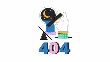 surrealista esotérico 404 error animación. mano con canal goteante esfera abajo error mensaje gif, movimiento gráfico. cascada creciente animado dibujos animados línea concepto 4k vídeo aislado en blanco antecedentes video