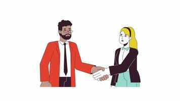 Negotiating business people line 2D characters animation. Coworkers networking event flat color cartoon 4K video, alpha channel. Leaders colleagues shaking hands animated people on white background video