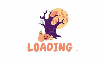 Halloween tree with scary pumpkins 2D loading animation. Spooky forest with rising full moon animated cartoon scene 4K video loader motion graphic. Helloween creepy woods download, upload progress gif