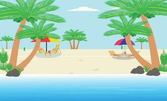 Set of summer vacation vector illustration Paradise Beach tropical beach, umbrella road and cars, resort mountain and coconut trees.