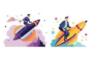 Hand Drawn businessman riding a rocket in flat style vector