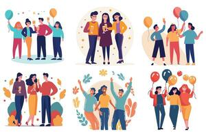 Hand Drawn A group of characters standing and talking at a party in flat style vector