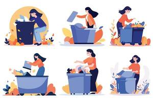 Hand Drawn woman with recycling bin in flat style vector